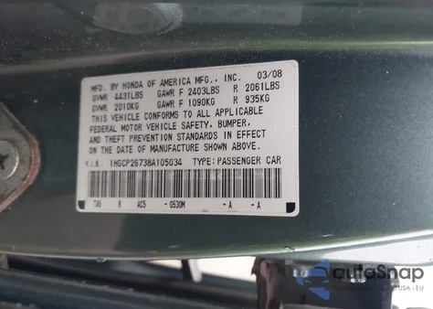 2008 Honda Accord 2.4 Ex from USA, damaged, VIN 1HGCP26738A105034